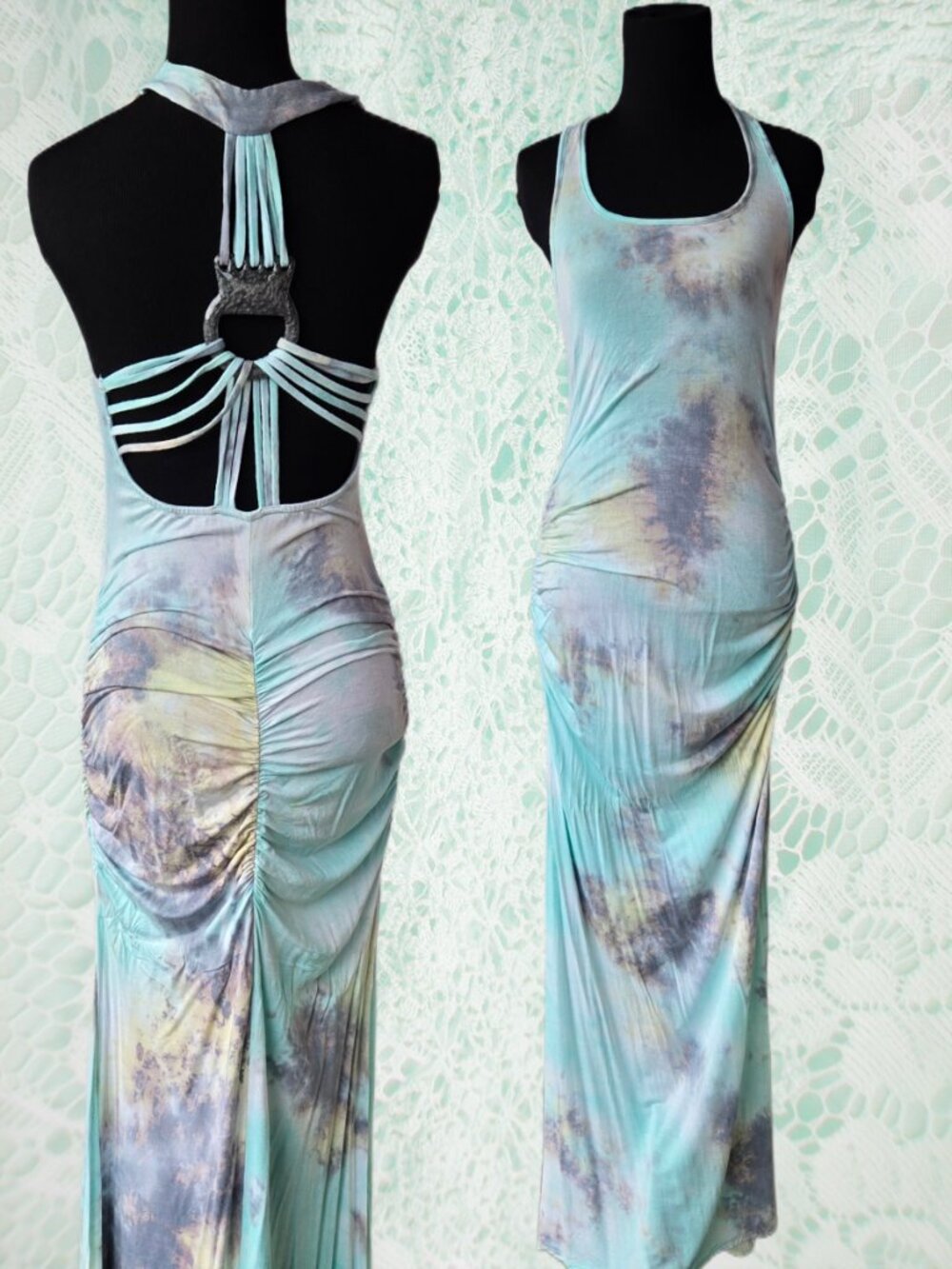 Venus Aqua Pastel Tie Dye Boho Bodycon Maxi Dress Art to Wear Evening Beach